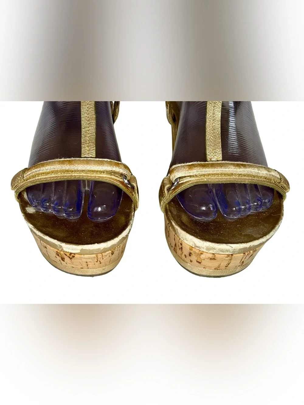 PRADA GOLD WEDGE SANDALS WITH CORK PLATFORMS
